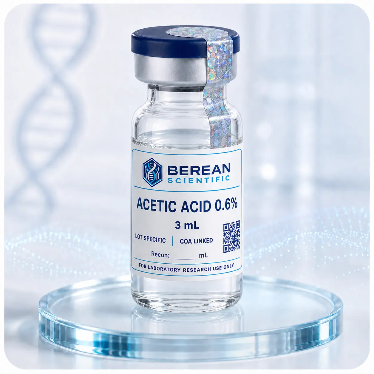 Berean Scientific Acetic Acid 0.6% vial with 3 mL label