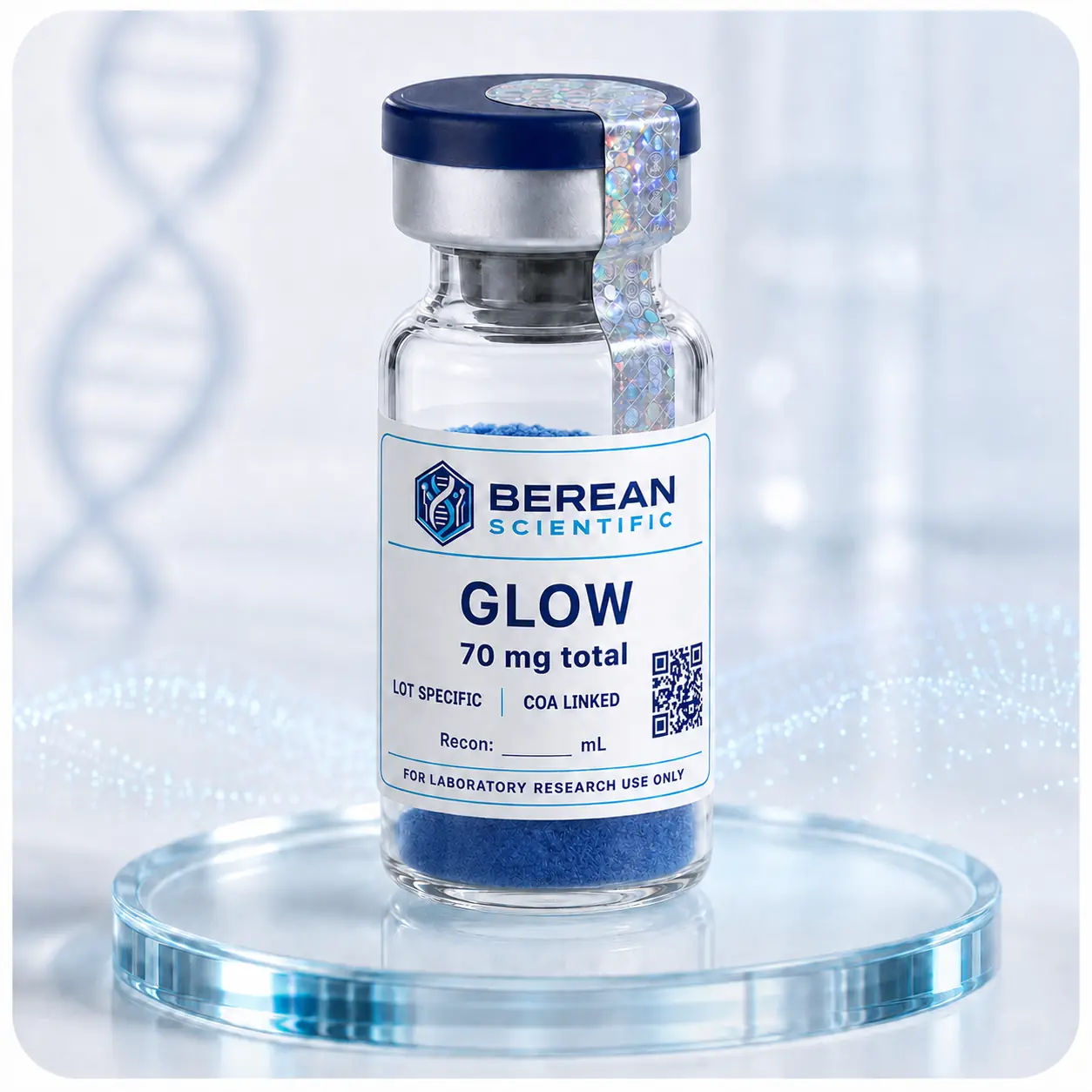 Berean Scientific GLOW (TB-500 10mg + BPC-157 10mg + GHK-Cu 50mg) vial with 70 mg total label