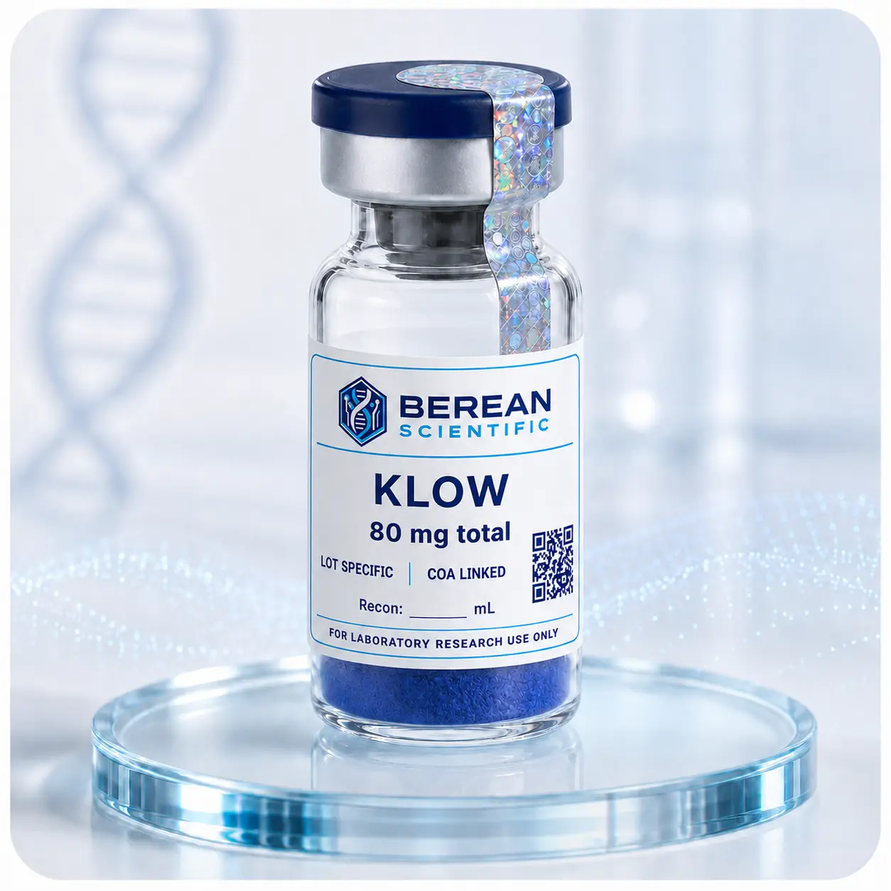 Berean Scientific KLOW (TB-500 10mg + BPC-157 10mg + GHK-Cu 50mg + KPV 10mg) vial with 80 mg total label