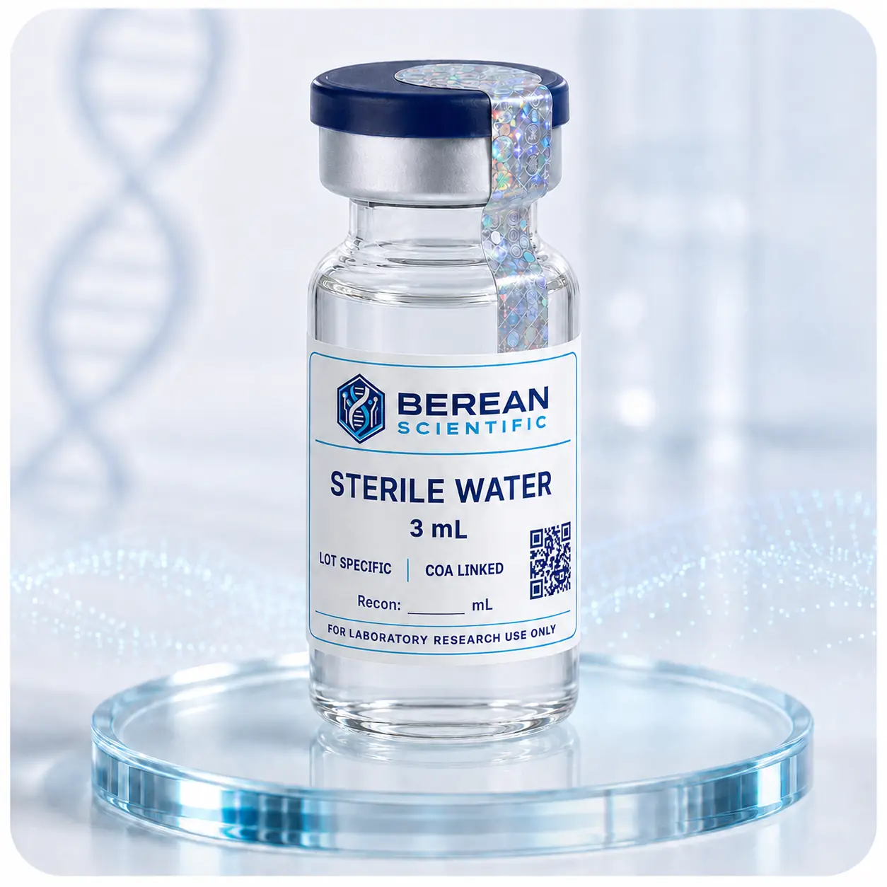 Berean Scientific Sterile Water vial with 3 mL label
